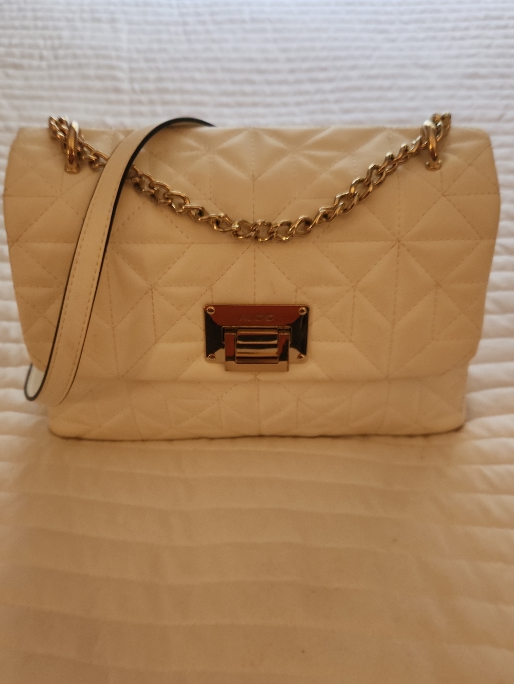 Aldo Quilted White Shoulder Bag, Gold Chain Strap